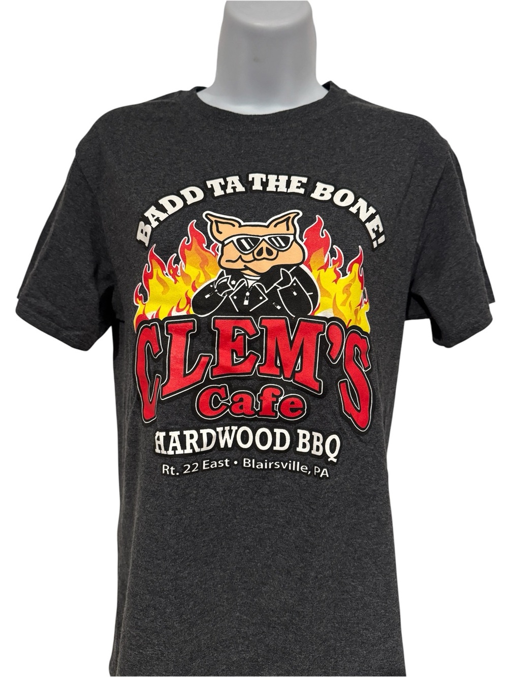Jerzees Charcoal 'Clem's Cafe Hardwood BBQ' Graphic Tee with Red & Yellow Print